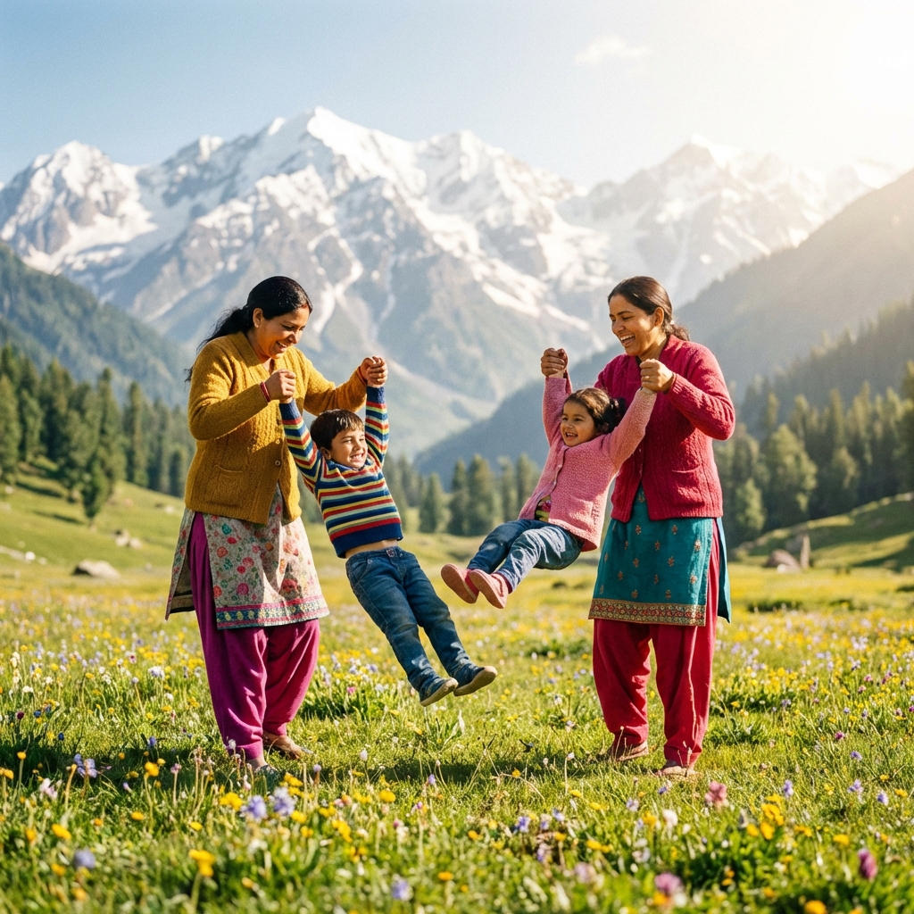 Kashmir Family Tour - Happy Family in Mountain Meadow